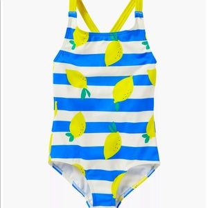 Mini Biden Kids’ Stripe and Lemon Cross Back Swimsuit, ivory/blue - size 5-6Y